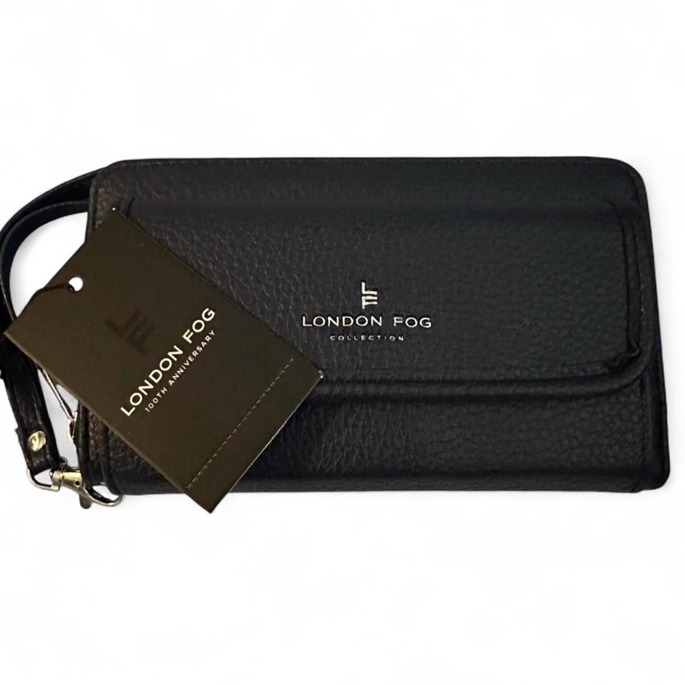 London Fog Fiona Pebble Leather Wristlet Wallet Black Zip Around NWT